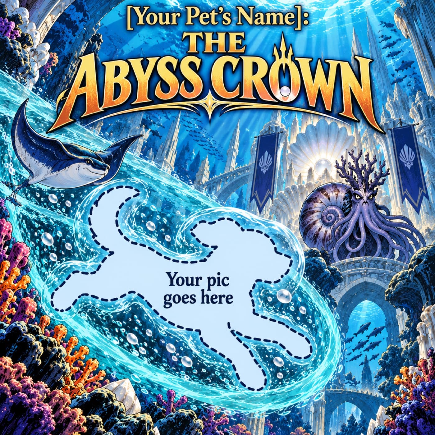Example cover with a space for your pet, shown as a pale-blue swimming pet placeholder in a turquoise current, with a blue ray and a nautilus among pearl reef towers.