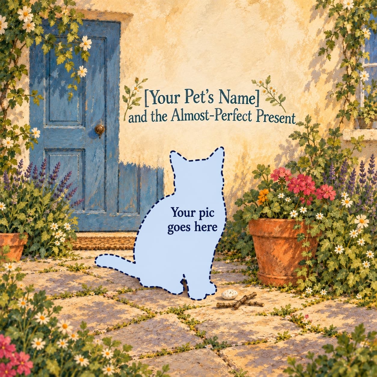 A pale blue cat silhouette with a dashed outline and the words Your pic goes here beside a small speckled pebble and twig gift, a terracotta pot and a blue kitchen door.