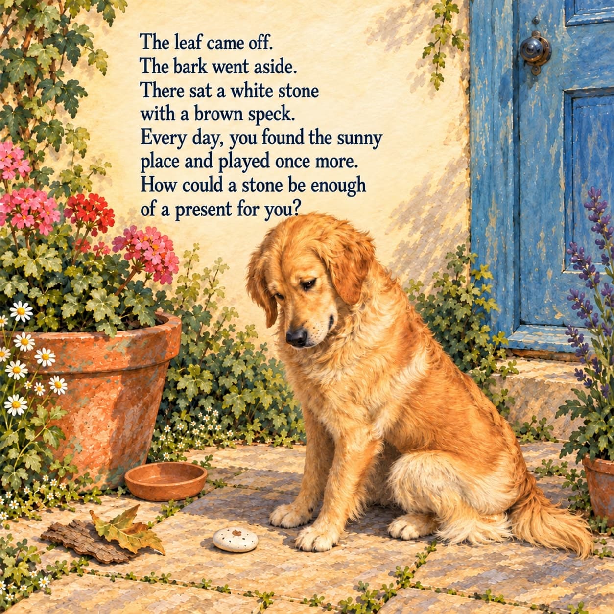 Lucy, a golden retriever, studies a speckled white pebble beside a terracotta pot and empty saucer, with discarded bark and a curled leaf nearby.