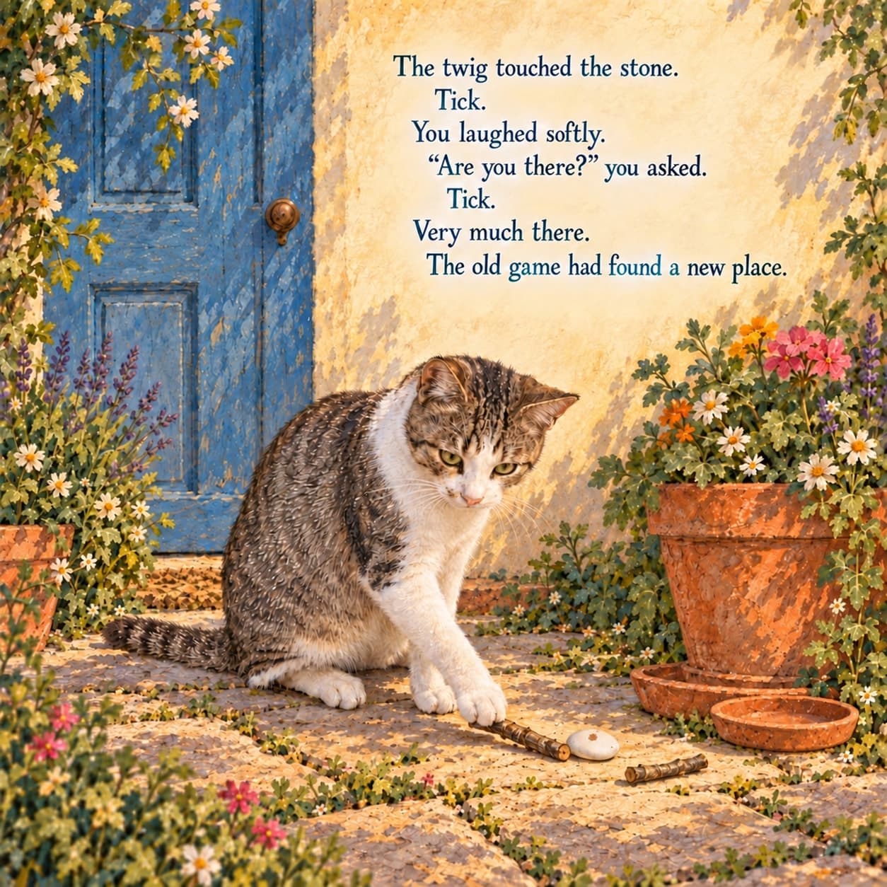 Willow gently nudges a short blunt twig against a speckled pebble beside the blue kitchen door, with the smaller broken piece visible nearby.