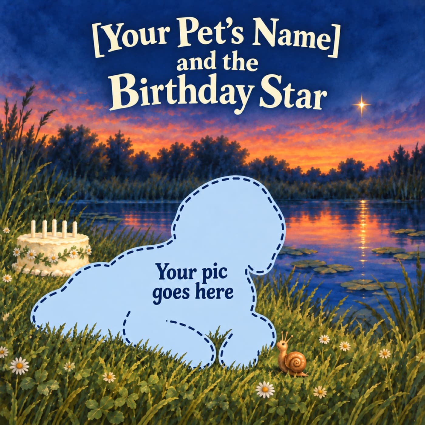 Personalize [Your Pet’s Name] and the Birthday Star: a pale-blue species-neutral pet silhouette with a dashed navy outline and the words “Your pic goes here” faces Dot beside a dusk pond, with an unlit cake behind and one star reflected on the water.