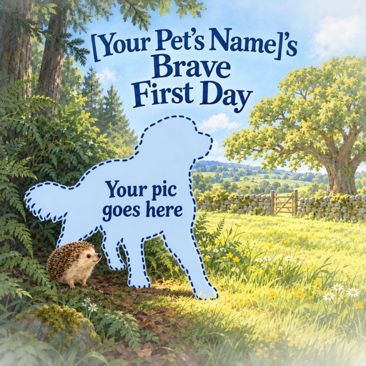 Personalize [Your Pet’s Name]’s Brave First Day: a pale-blue pet silhouette with a navy dashed outline and the words “Your pic goes here” crosses one front foot from fern shade into a bright meadow beside a tiny hedgehog.
