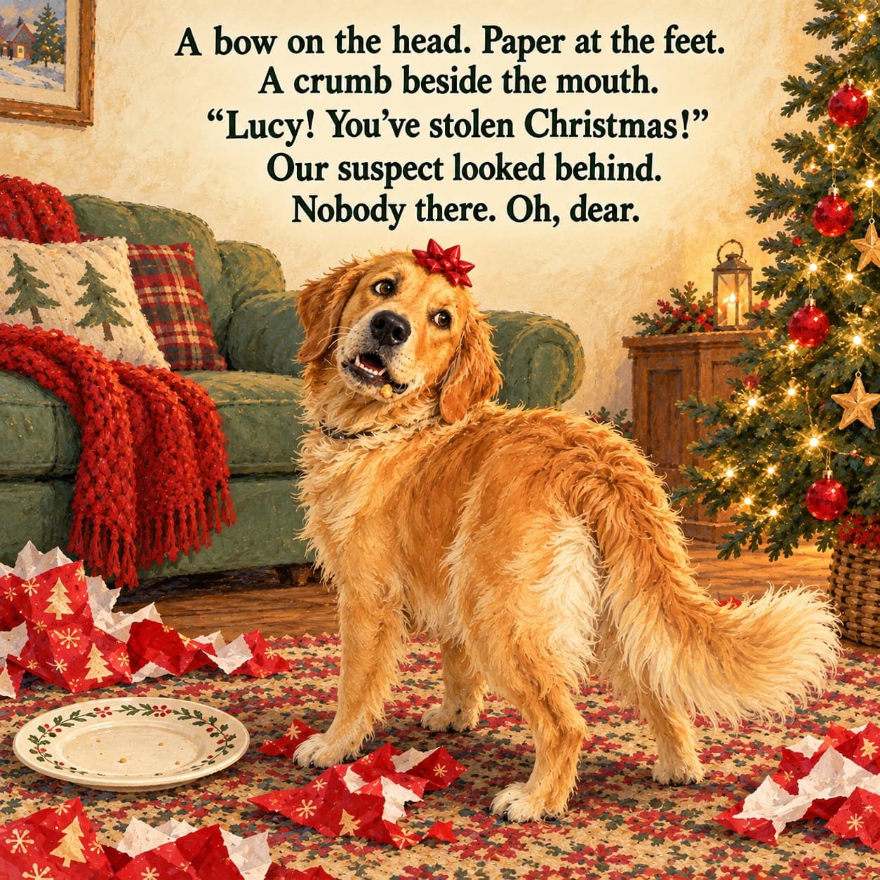 Lucy the golden retriever wears a loose red gift bow and a bewildered expression beside scraps of Christmas wrapping paper in a cozy sitting room.