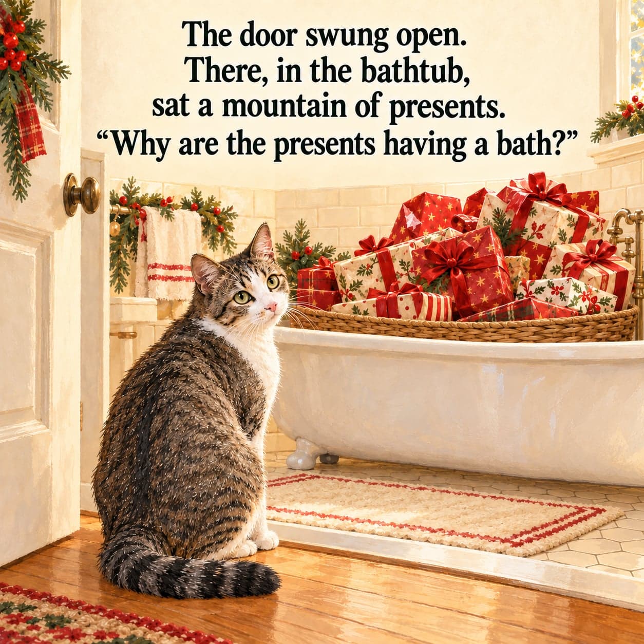 Willow the tabby cat peeks through a bathroom doorway at a bathtub piled with brightly wrapped Christmas presents.