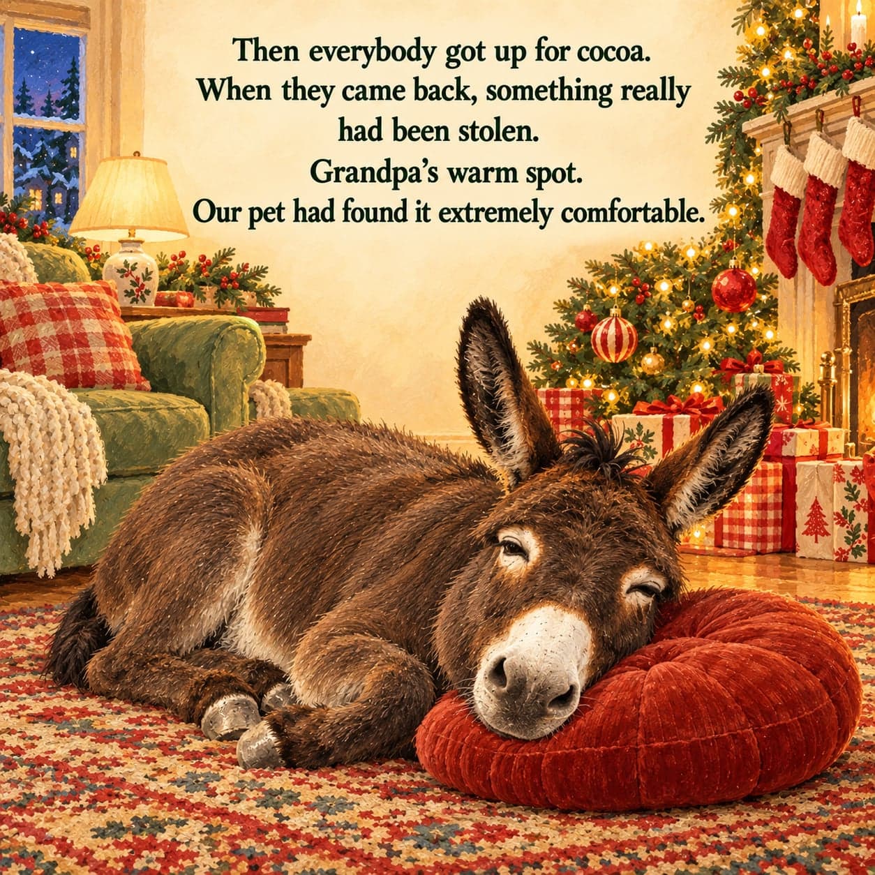Clementine the donkey rests her head on a rust-red floor cushion beside a glowing Christmas tree, looking thoroughly pleased with herself.