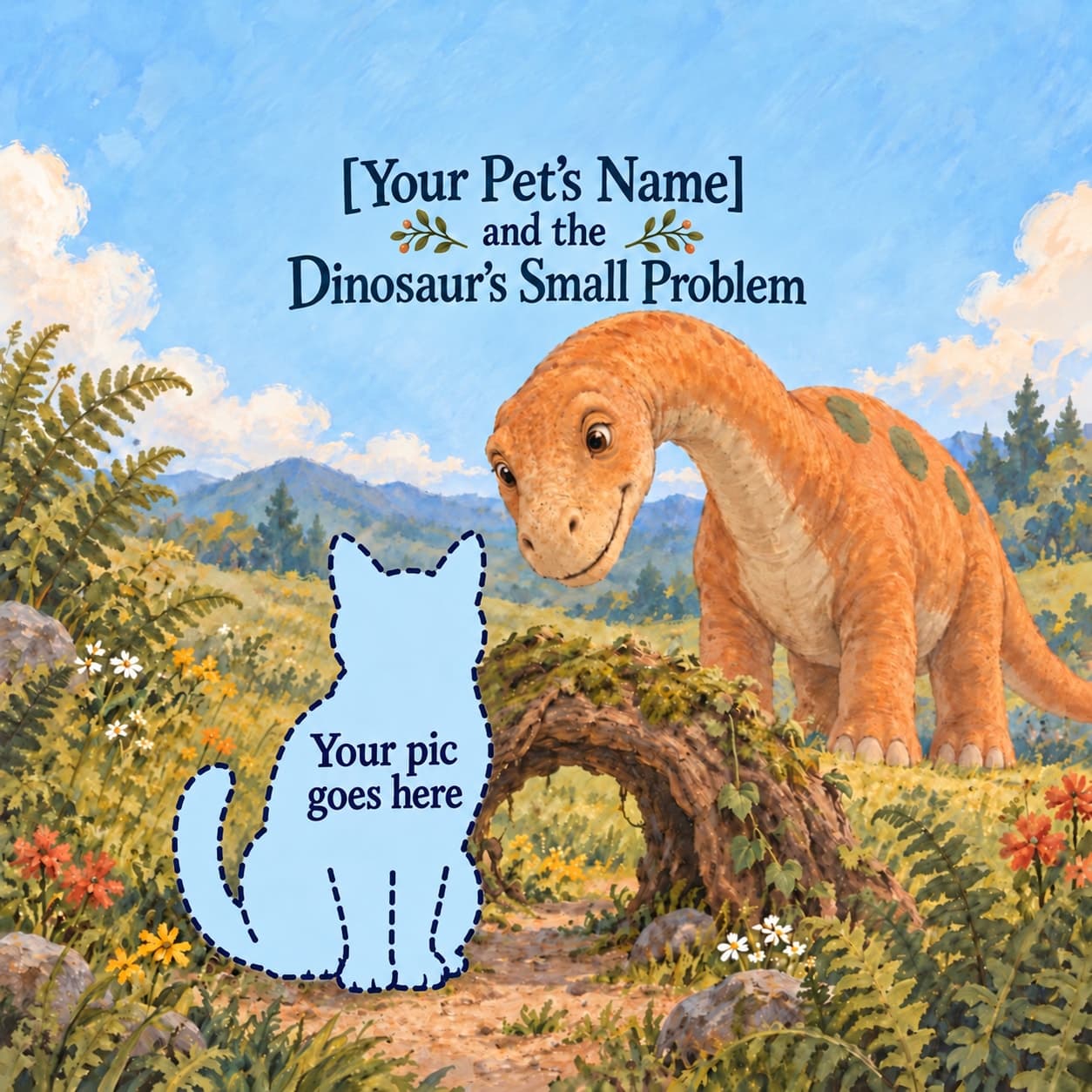Personalize [Your Pet’s Name] and the Dinosaur’s Small Problem: a pale-blue pet placeholder with a dashed outline and “Your pic goes here” stands beside a root arch beneath a friendly apricot dinosaur.