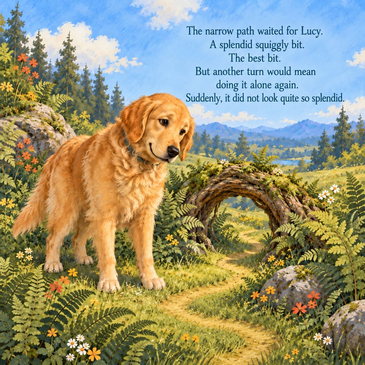 Golden retriever Lucy studies a narrow curving path beside a fern-covered root arch in a sunny meadow, with the story text lettered into the blue sky.