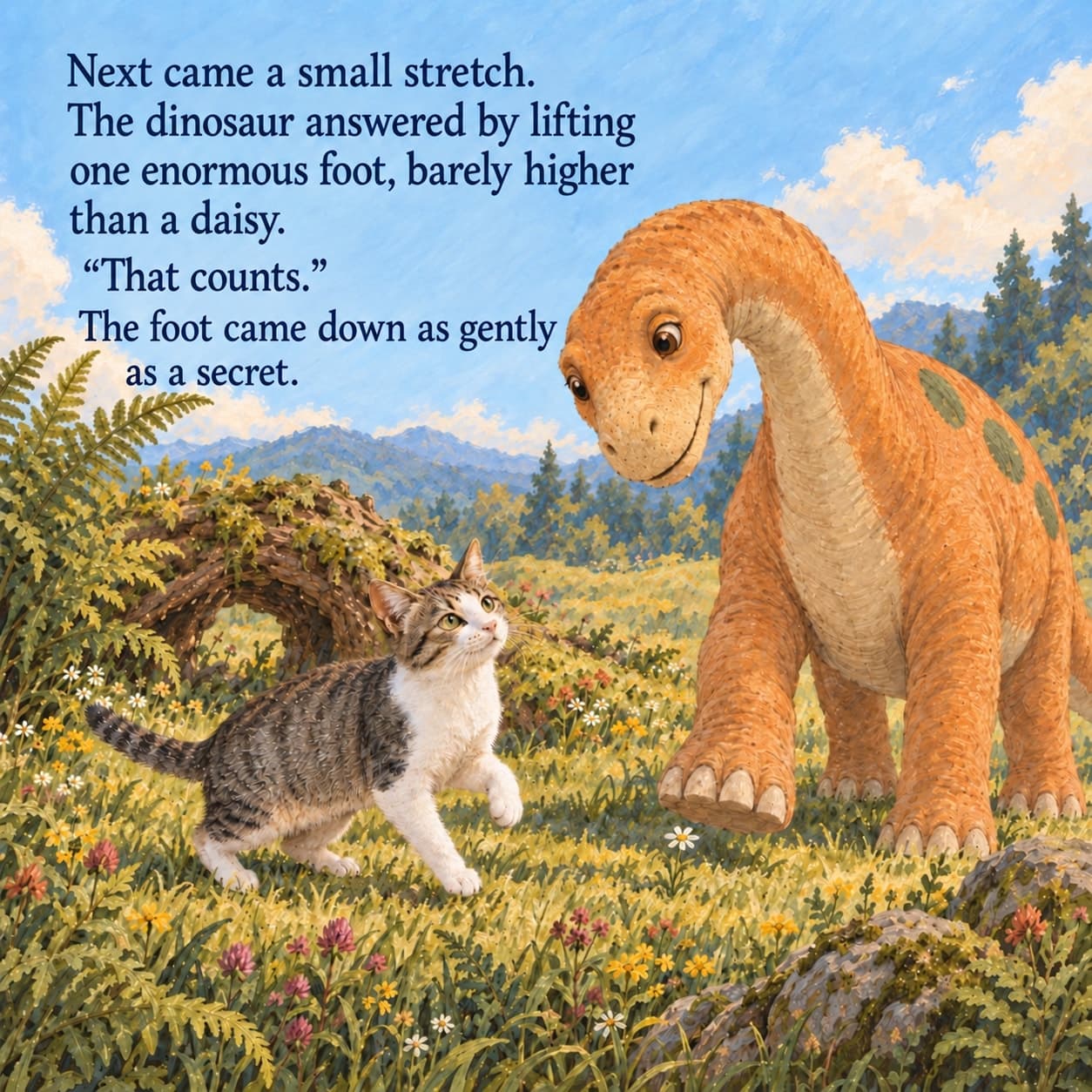 Tabby-and-white Willow makes a small upward stretch in open grass while a friendly apricot dinosaur lifts one foot beside a daisy, with clear space between the two friends and the story text above.