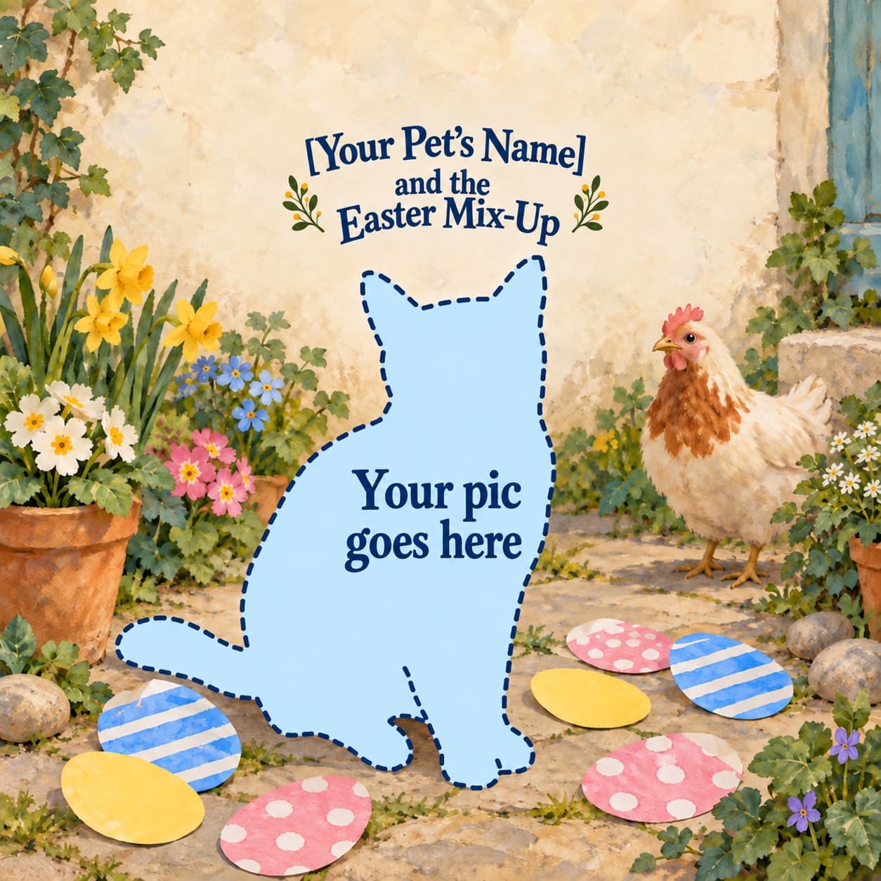 Personalize [Your Pet’s Name] and the Easter Mix-Up: a pale-blue pet placeholder with dashed outline and “Your pic goes here” stands beside white-striped blue, white-spotted pink and yellow paper eggs at a sheltered spring doorstep.