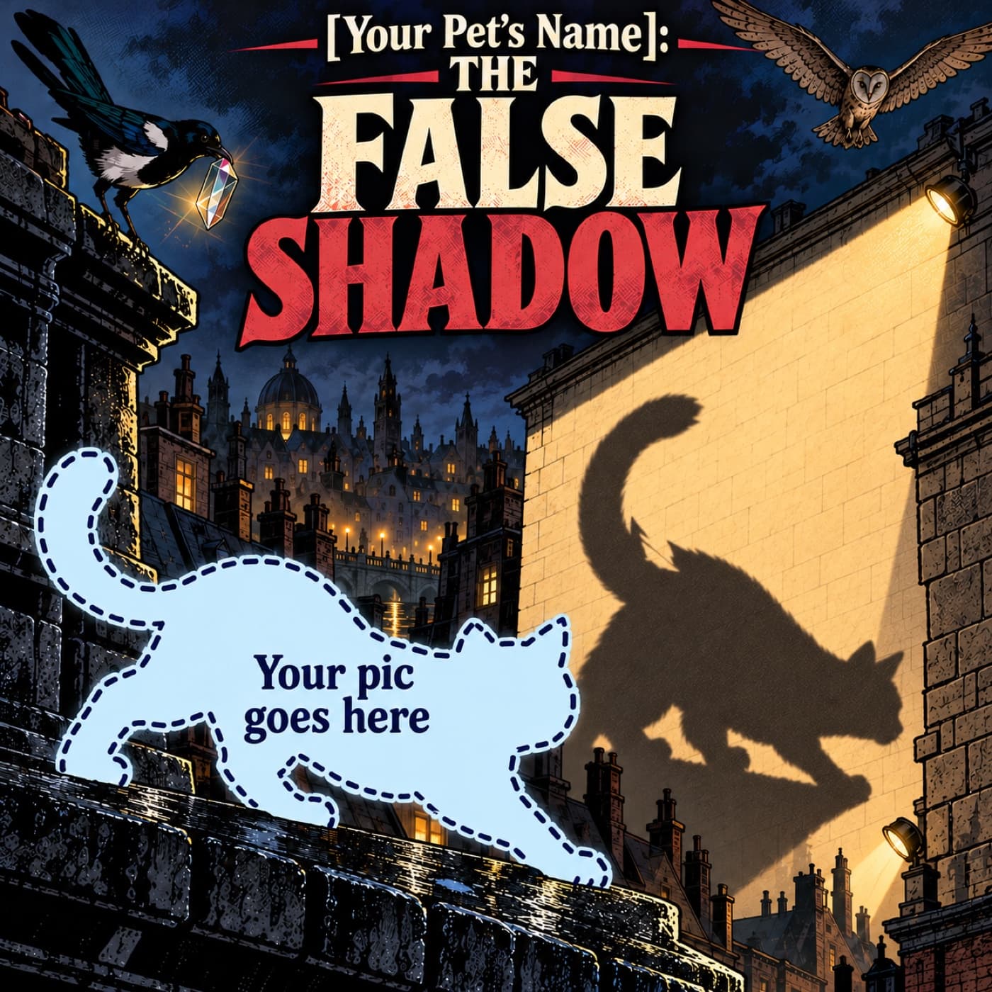 Example cover with a space for your pet, shown as a pale-blue cat-shaped placeholder on a rooftop beside a large forged shadow on a lamp-lit wall, with a magpie holding a prism and an owl overhead.