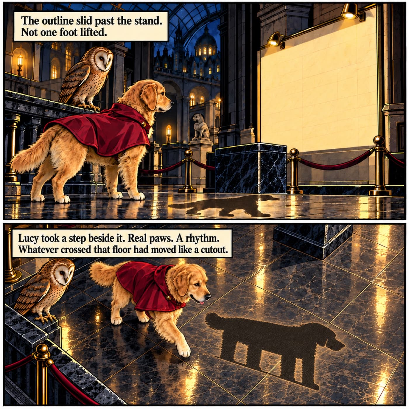 Two-panel comic example with Lucy, a golden retriever in a burgundy cape, and a tawny owl beside an empty museum display, comparing her lifted walking paw with a stiff four-legged dog silhouette projected flat on the tiled floor.