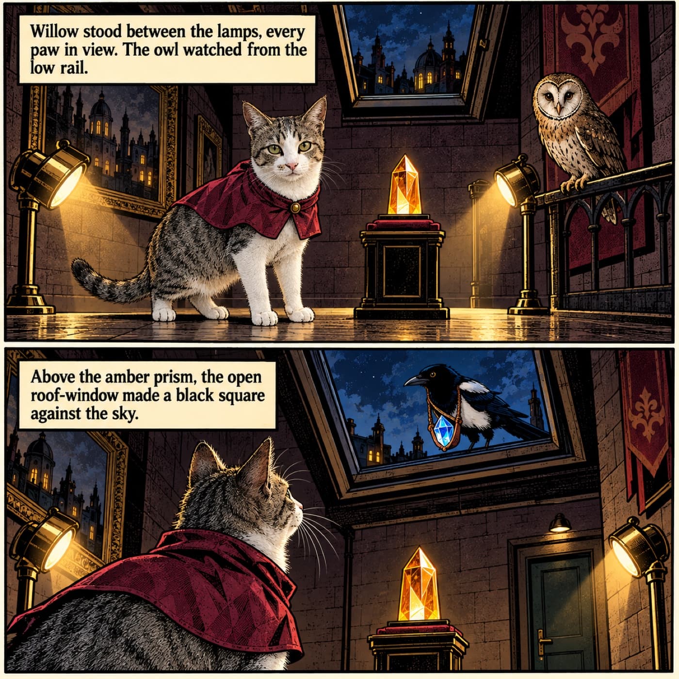 Two-panel comic example with Willow, a tabby-and-white cat in a burgundy cape, standing between two gold lamps beside an amber prism while an owl watches; a magpie carrying a blue prism appears at the open roof window.