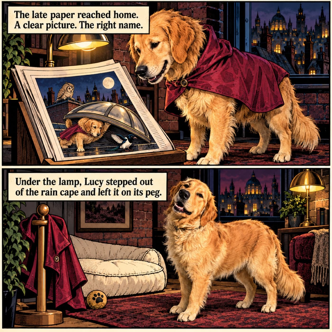 Two-panel comic example with Lucy, a golden retriever in a burgundy cape, studying an illustrated newspaper showing her rooftop rescue, then standing beside her cream bed with the cape hanging from a low peg.