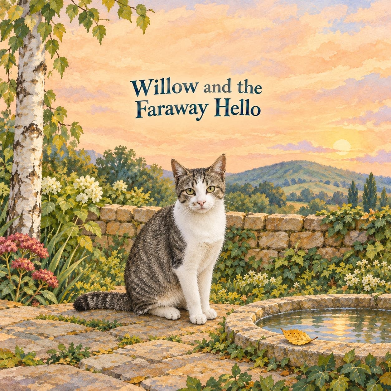 Willow, a grey tabby cat with a white chest and paws, faces the reader beside a shallow stone basin and a curled yellow leaf beneath a birch tree.