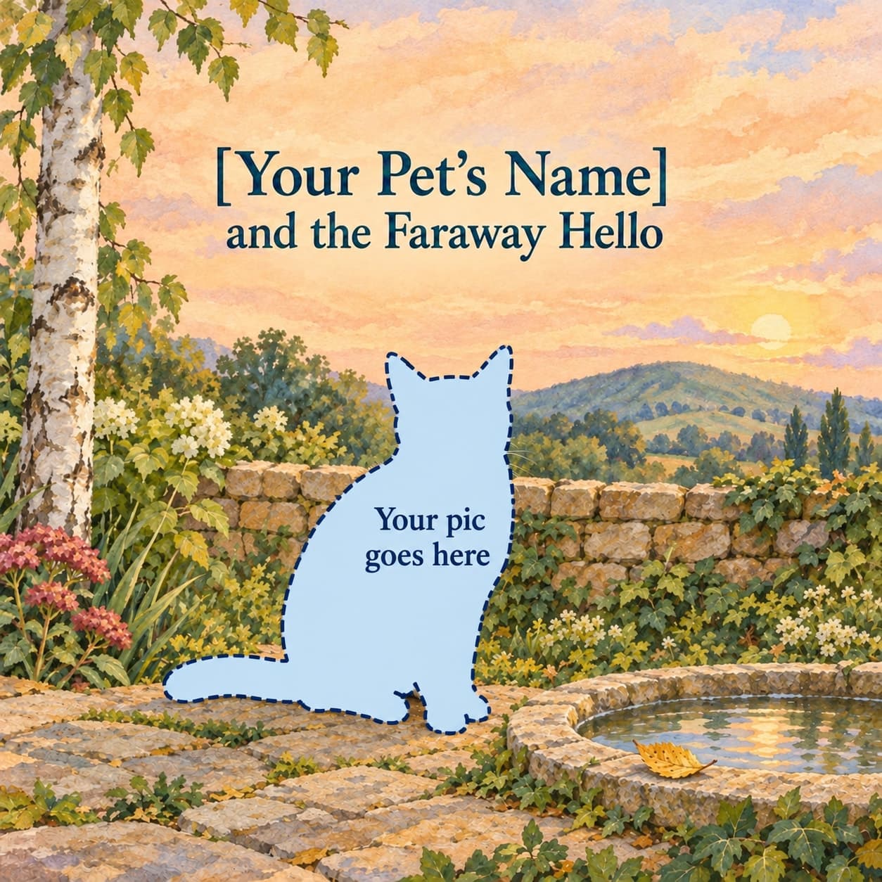 A blue cat-shaped placeholder labelled Your pic goes here sits beneath the personalized title, beside a shallow basin and yellow leaf in a birch-tree garden.