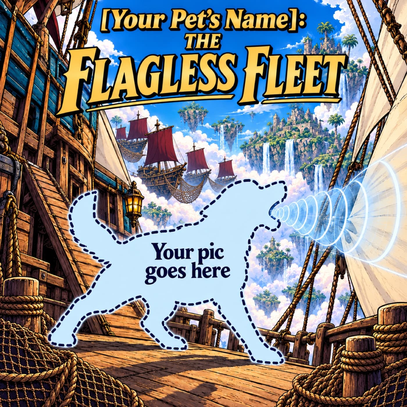 Example cover with a space for your pet, shown as a pale-blue dog-shaped placeholder braced on a wooden ship gallery, sending a visible sound pulse toward a cream sail among airborne ships and tropical sky islands.