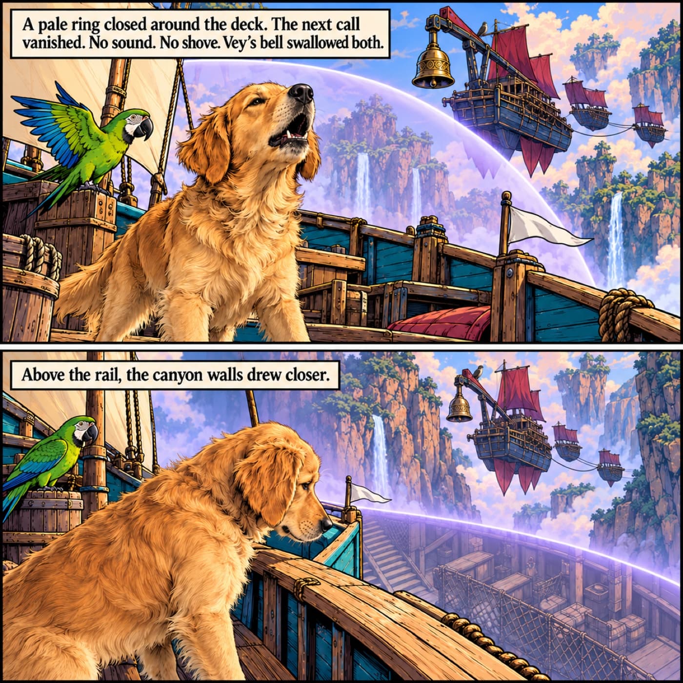 Two-panel comic example with Lucy, a golden retriever, making a silent call inside a pale lavender dome on a sky trader, then looking toward the lower cargo gallery while a green macaw and a distant raider remain in view.