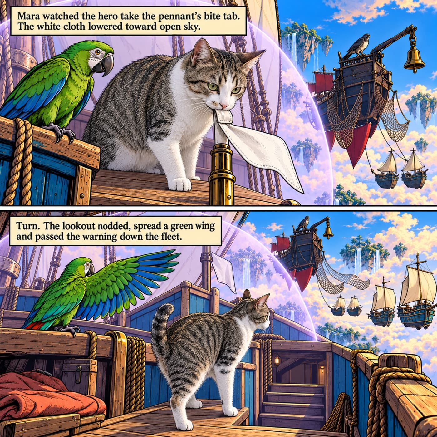 Two-panel comic example with Willow, a tabby-and-white cat, lowering a white signal pennant using a mouth tab inside a lavender field; a green macaw spreads one wing toward following sky traders as Willow faces protected stairs.