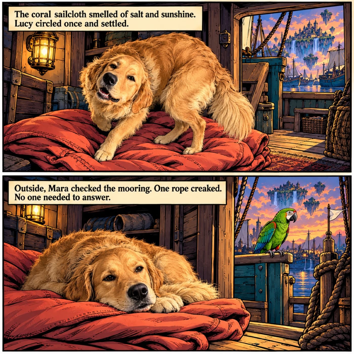 Two-panel comic example with Lucy, a golden retriever, turning on folded coral sailcloth and then resting with her chin down in a lamplit ship cabin, while a green macaw watches the mooring from the doorway.