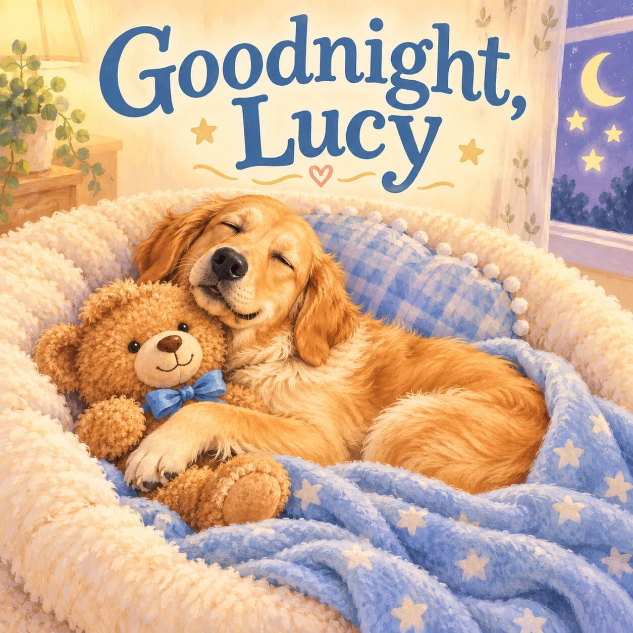Front cover of Goodnight, Lucy: a golden retriever sleeping with a little smile, her cheek against a teddy with a blue ribbon and her front paw over it, nestled in pale blue bedding in a cream room. A crescent and three stars appear through the window, with blue title lettering above.