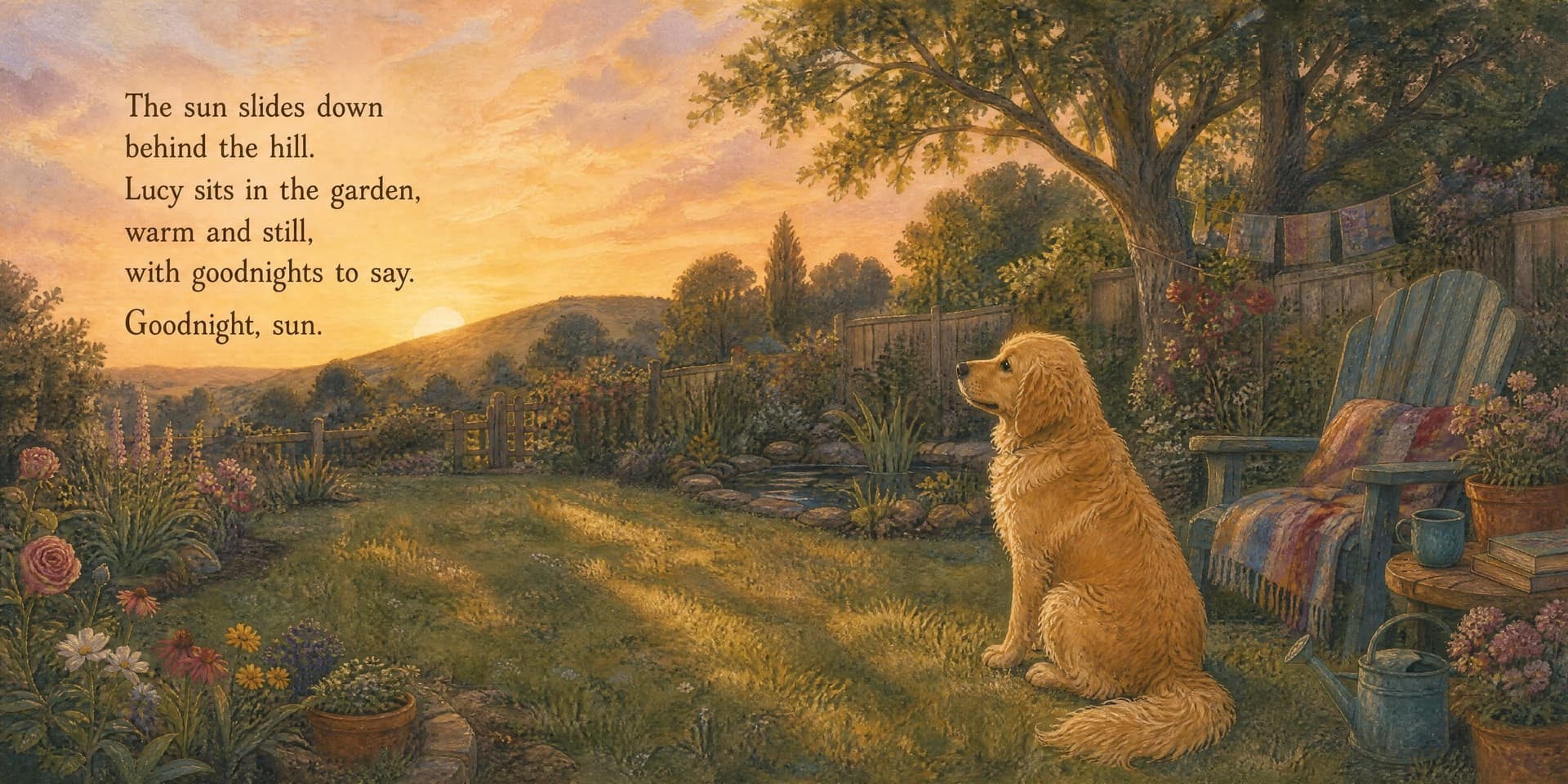 Lucy sitting upright on a lawn at sunset, seen from the side as she looks left toward the horizon, a wooden garden chair with a striped throw behind her and flowerbeds in bloom on the far side. A complete two-page spread.