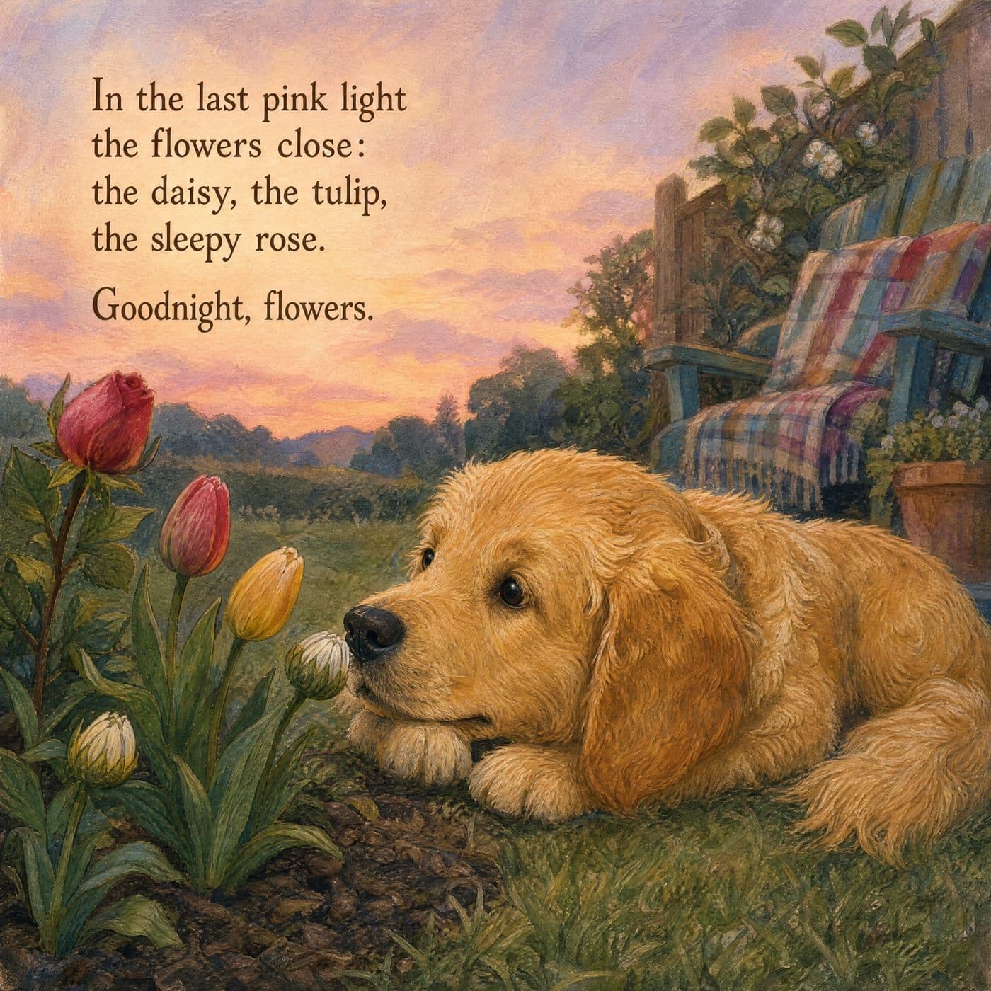 Lucy lying down in a garden bed at dusk with her chin on her paws, her nose almost touching a white bud, with red and yellow blooms on tall stems beside her and a chair with a blanket behind.