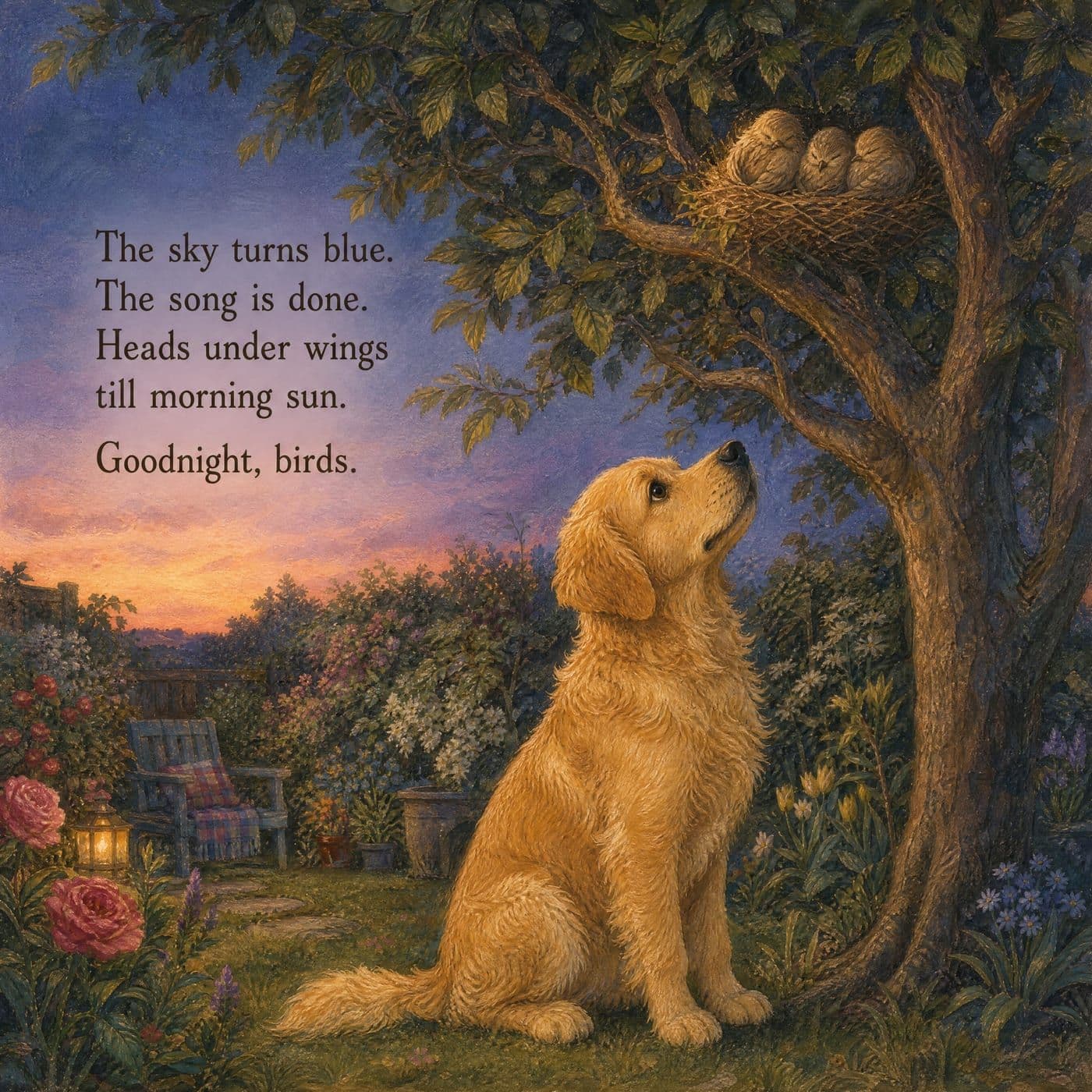 Lucy seated on a lawn with her head tilted up toward a nest of three sleeping chicks in the branches above her, garden lanterns and a bench in the dim background.
