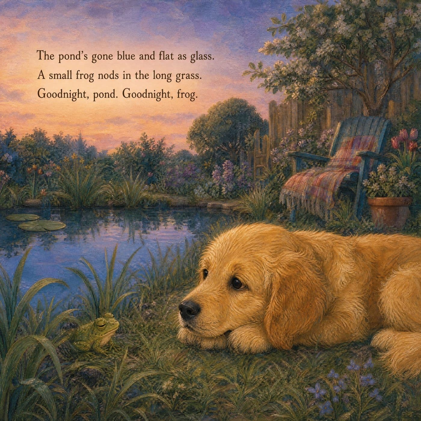 Lucy lying at the edge of a small garden pond with lily pads, chin on her paws, gazing at a green frog crouched in the reeds a few inches from her nose.
