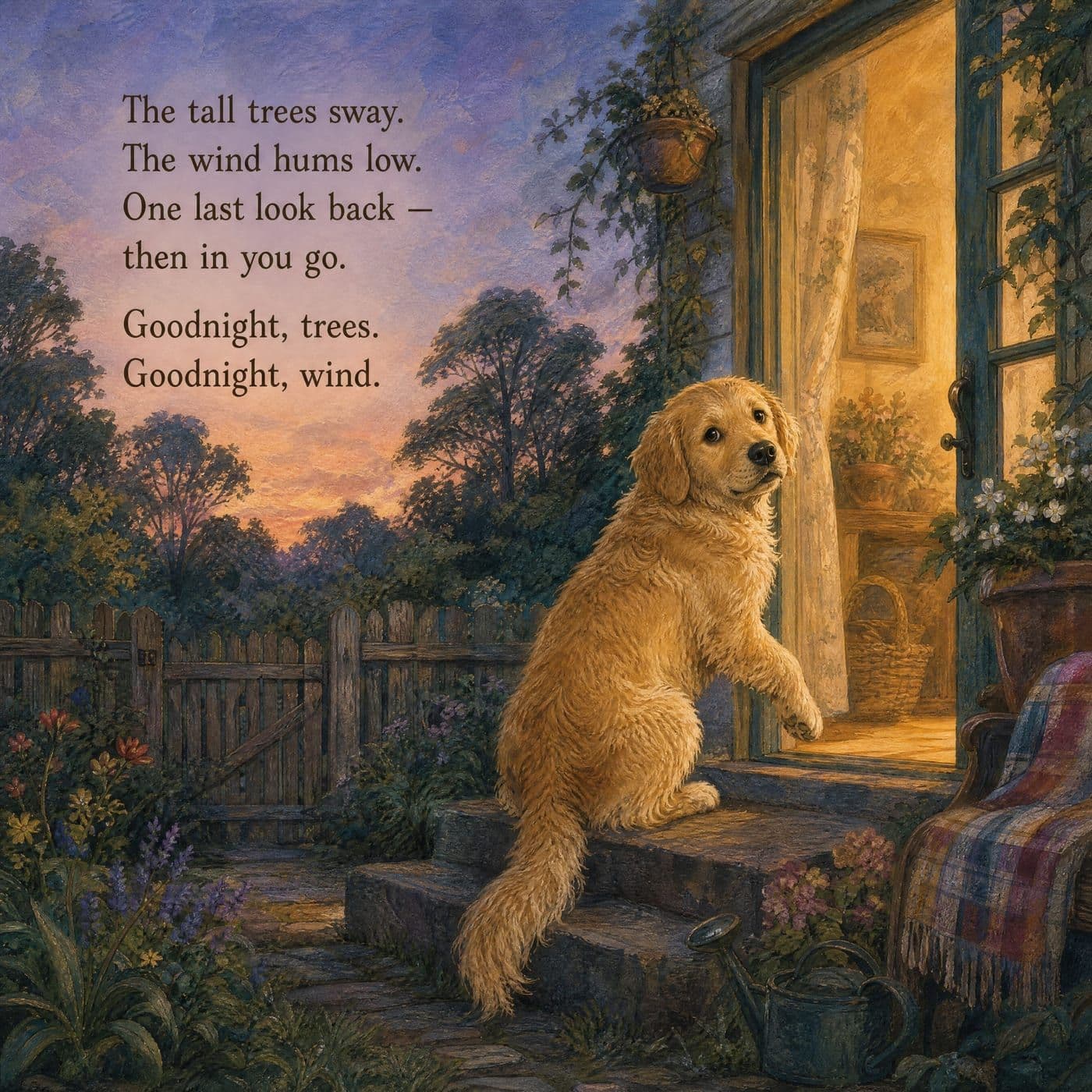Lucy climbing a stone doorstep toward an open door lit warmly from inside, her head turned back over her shoulder toward a picket fence and dusky trees behind her.