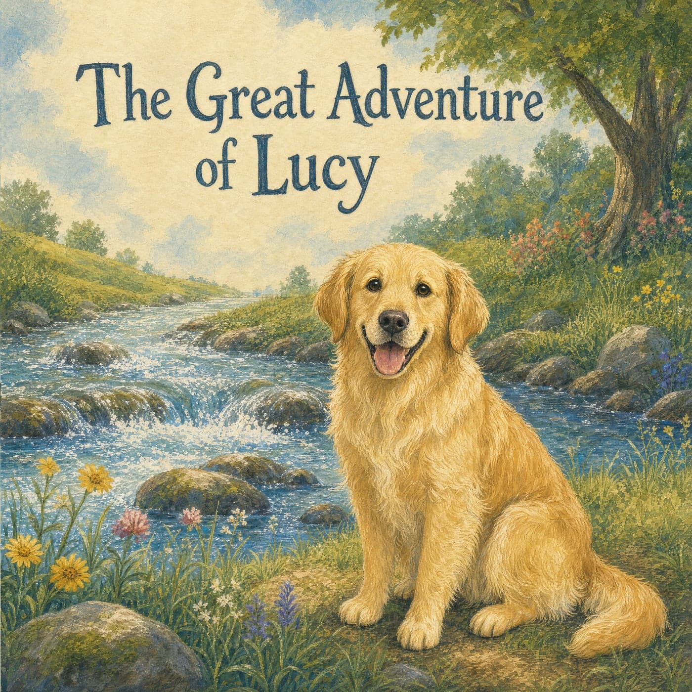 The book made from that photo: the front cover of The Great Adventure of Lucy, the same golden retriever painted beside a stream in a wildflower meadow, with the same dark collar and the same pale feathering on her chest and tail, and the title lettered into the painting.