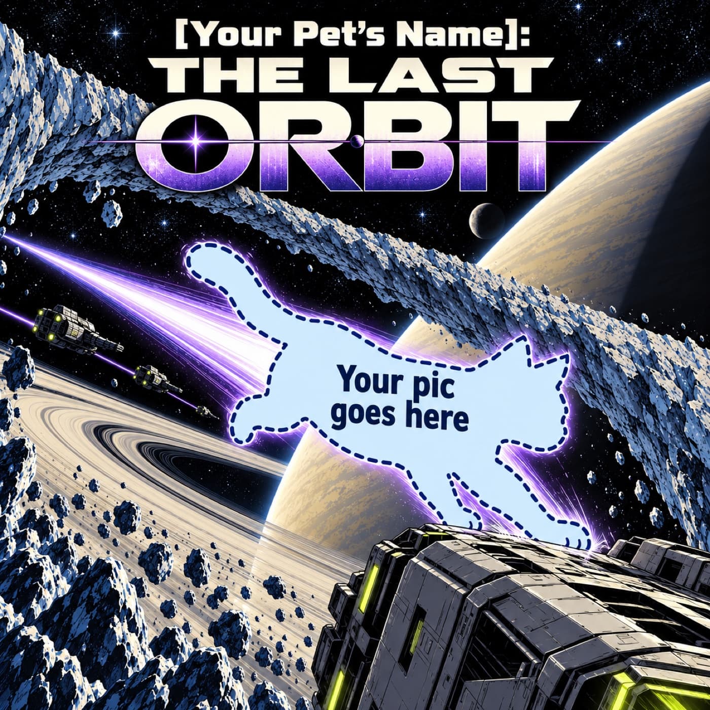 Example cover with a space for your pet, shown as a pale-blue cat-shaped placeholder landing on a courier hull, with violet light and immense planetary rings behind.