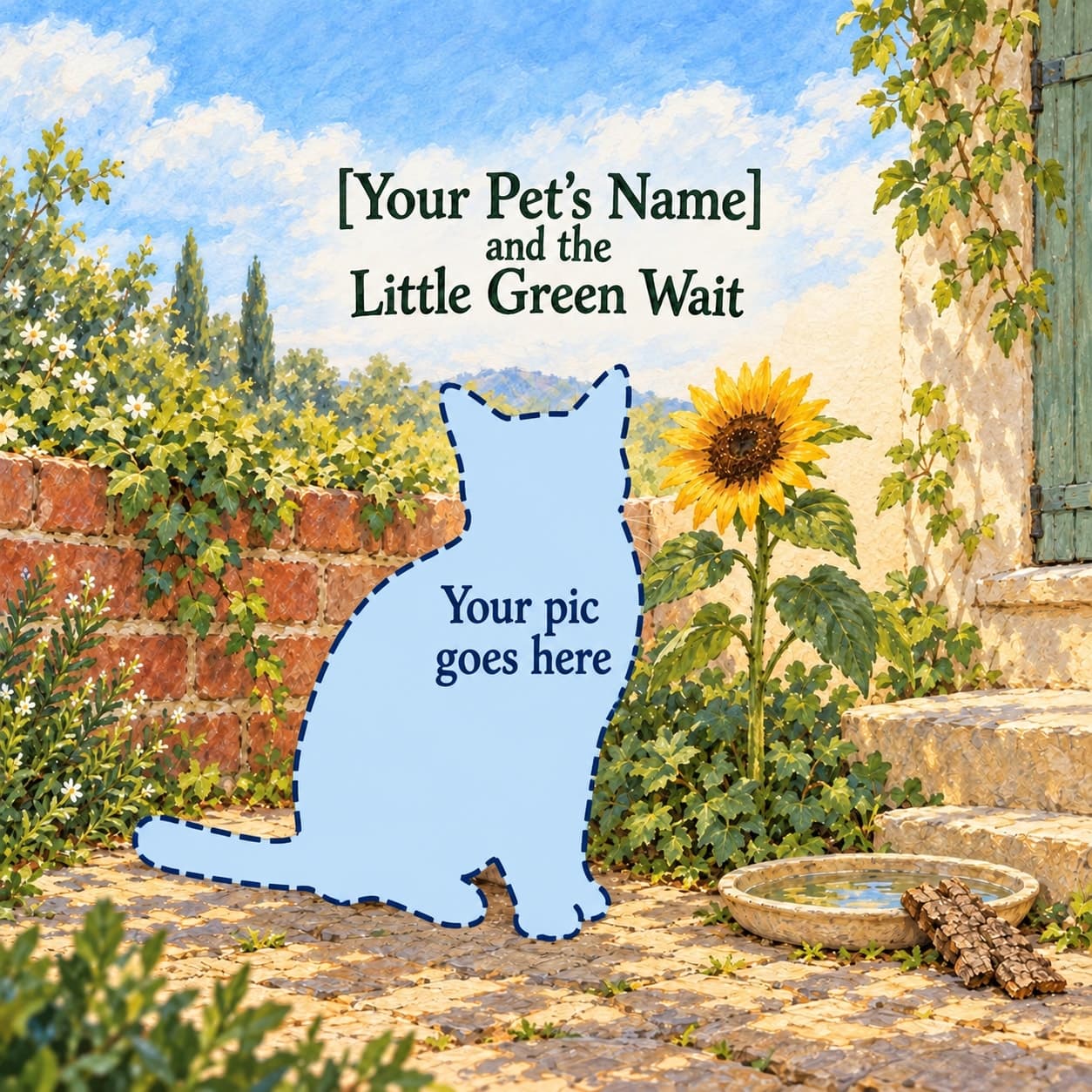 A blue cat-shaped placeholder labelled Your pic goes here sits beneath the personalized title, beside a rooted yellow sunflower, cream step and shallow saucer with a cork-bark ramp.