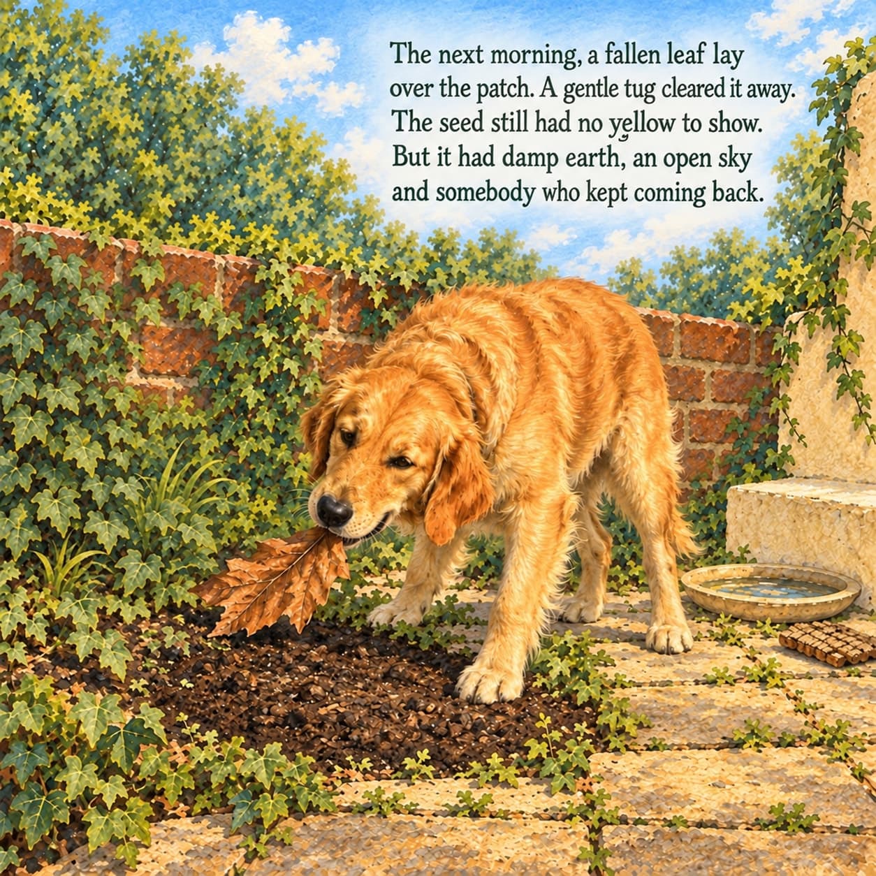Lucy, a golden retriever, gently draws a fallen brown leaf away from a bare damp planting patch beside a cream step and shallow saucer, beneath the story text.