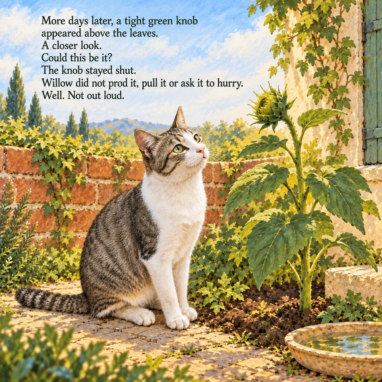 Willow, a grey tabby cat with white paws, looks up at the closed green sunflower bud beside a low brick wall, leaving the plant untouched beneath the story text.