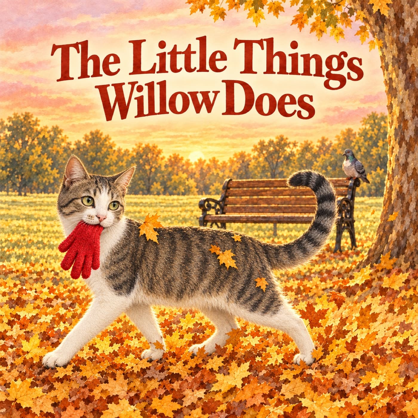 Front cover of The Little Things Willow Does: Willow, a grey-brown tabby cat with white chest and paws, walks through golden leaves with a red wool glove held gently in her mouth; one grey pigeon watches from a park bench.