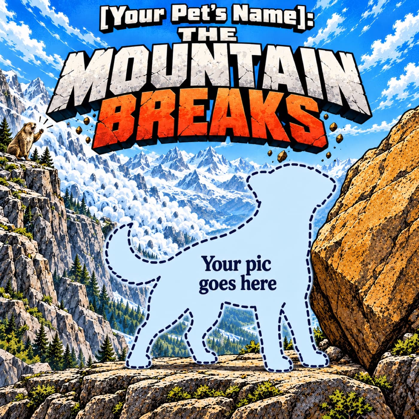 Example cover with a space for your pet, shown as a pale-blue dog-shaped placeholder bracing against an ochre stone amid alpine cliffs, with a marmot signaling across the gap.