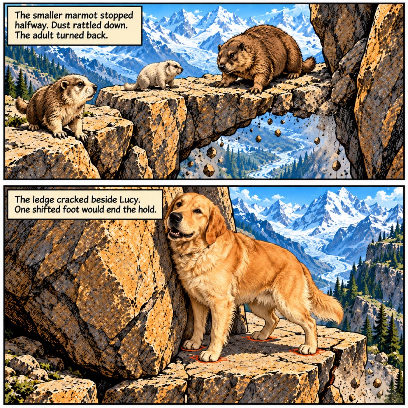 Two comic panels show three marmots stalled on a mountain crossing while Lucy, a golden retriever, braces against a huge wedge with paws planted on intact rock.