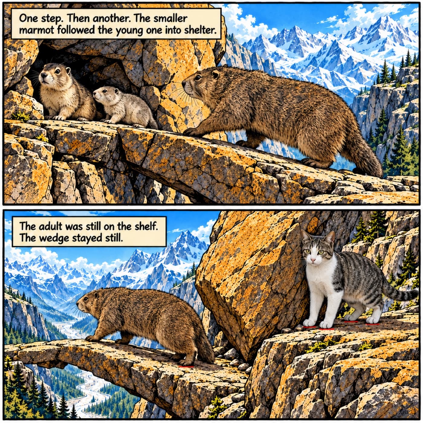 Two comic panels show two young marmots reaching an alcove while an adult remains on the crossing and Willow, a tabby-and-white cat, holds a huge stone with four red-marked paws planted.