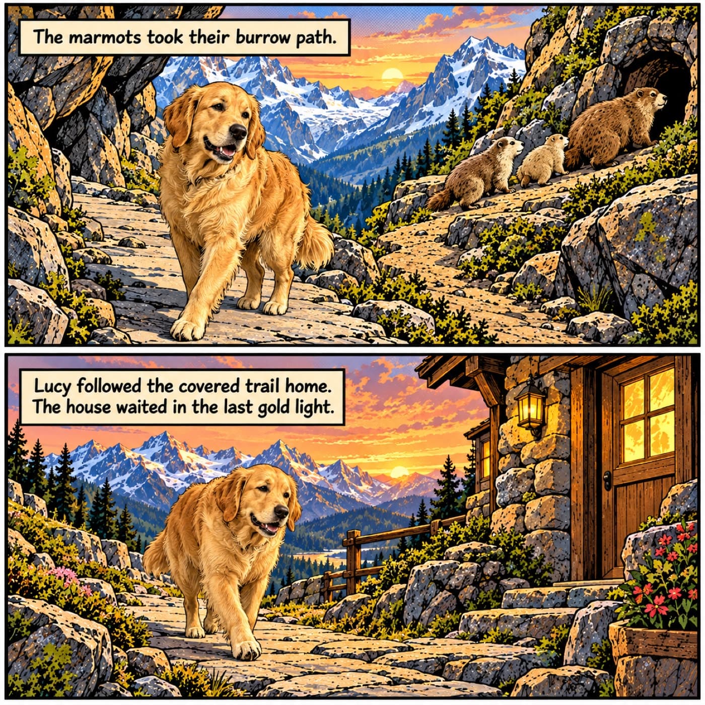 Two comic panels show three marmots taking a burrow path while Lucy, a golden retriever, follows a sheltered mountain trail and approaches a warmly lit stone house at sunset.