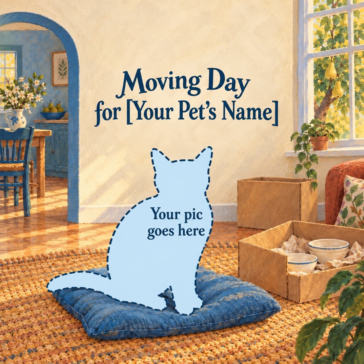 A blue cat-shaped placeholder labelled Your pic goes here sits on a blue cushion beneath the personalized title, among moving boxes in a sunny cream room.