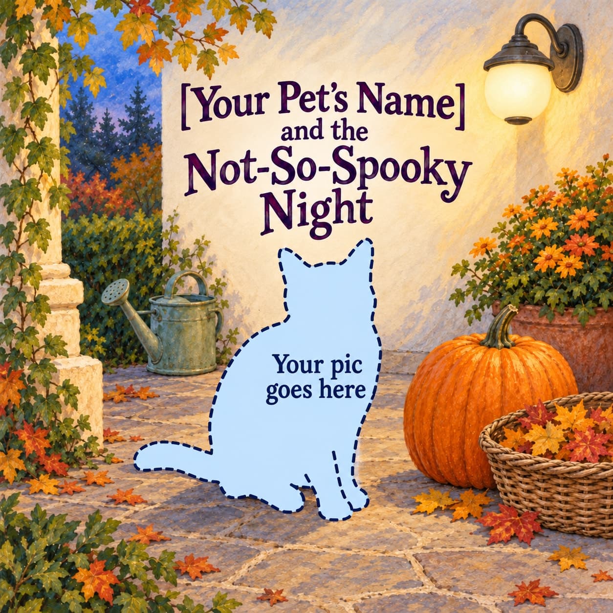 A pale-blue cat silhouette with a dashed outline and the words Your pic goes here sits beside an uncarved pumpkin and leaf basket under the title [Your Pet’s Name] and the Not-So-Spooky Night.
