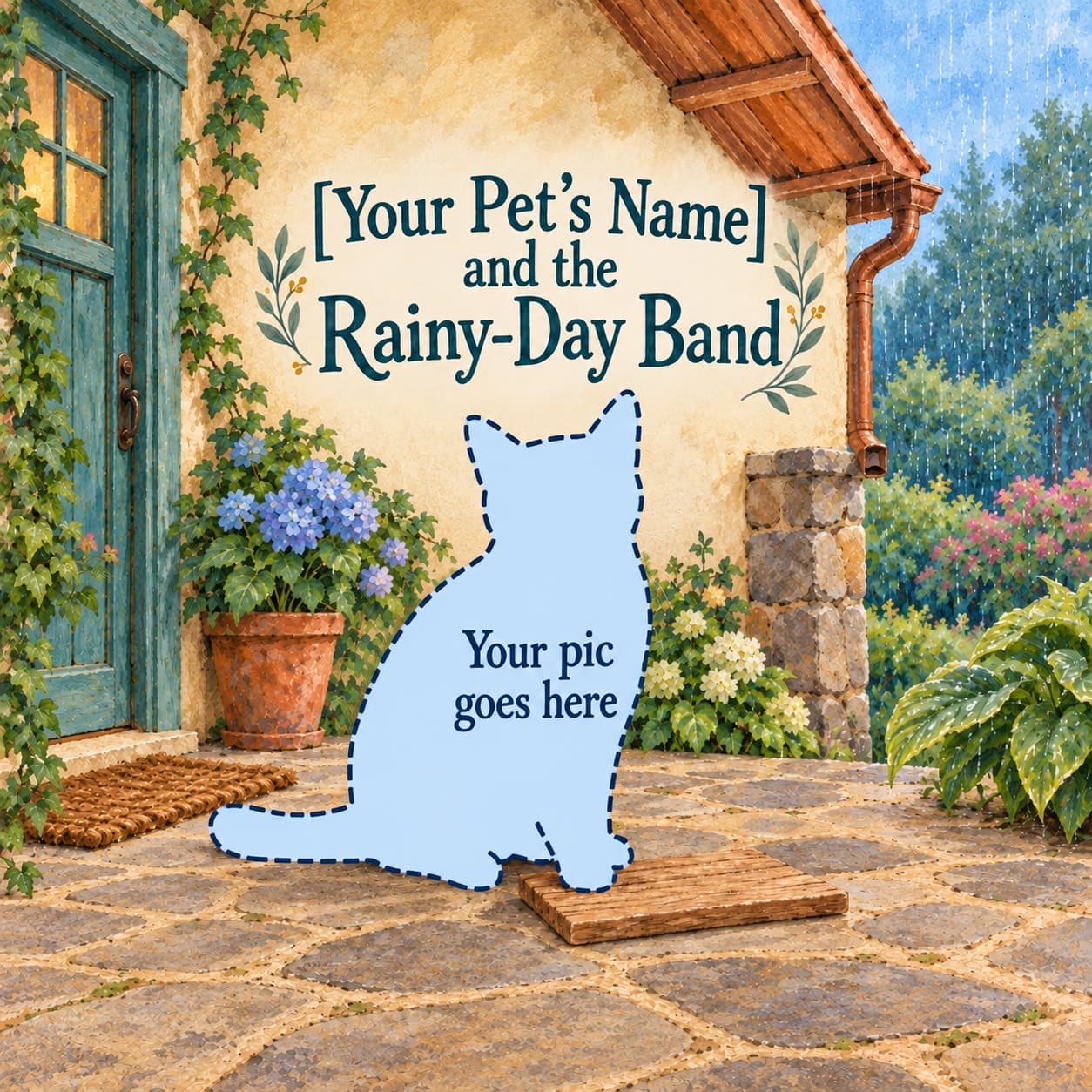 A pale-blue cat silhouette with a dashed outline and the words Your pic goes here sits beside a wooden board on a dry sheltered porch under the title [Your Pet’s Name] and the Rainy-Day Band.