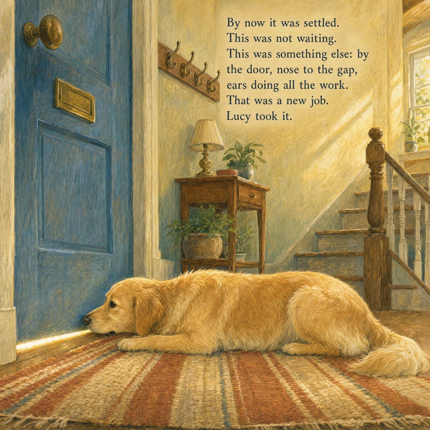 A painted page from the story: adult golden retriever Lucy lies along a striped hall runner with her nose at the thin line of daylight under a shut blue front door, her soft ears down, the hall table and the stairs behind her in afternoon light.