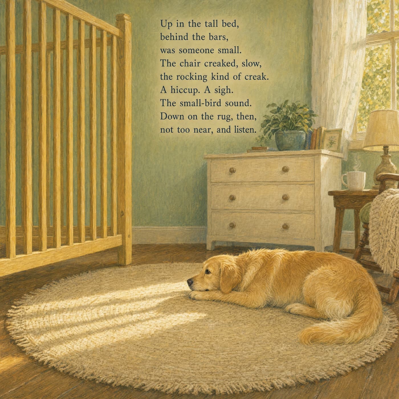 A painted page from the story: adult golden retriever Lucy lies on a round rug a clear gap from the foot of a tall honey-wood crib, head turned toward its slats, listening, while a mug steams on the side table by the rocking chair.