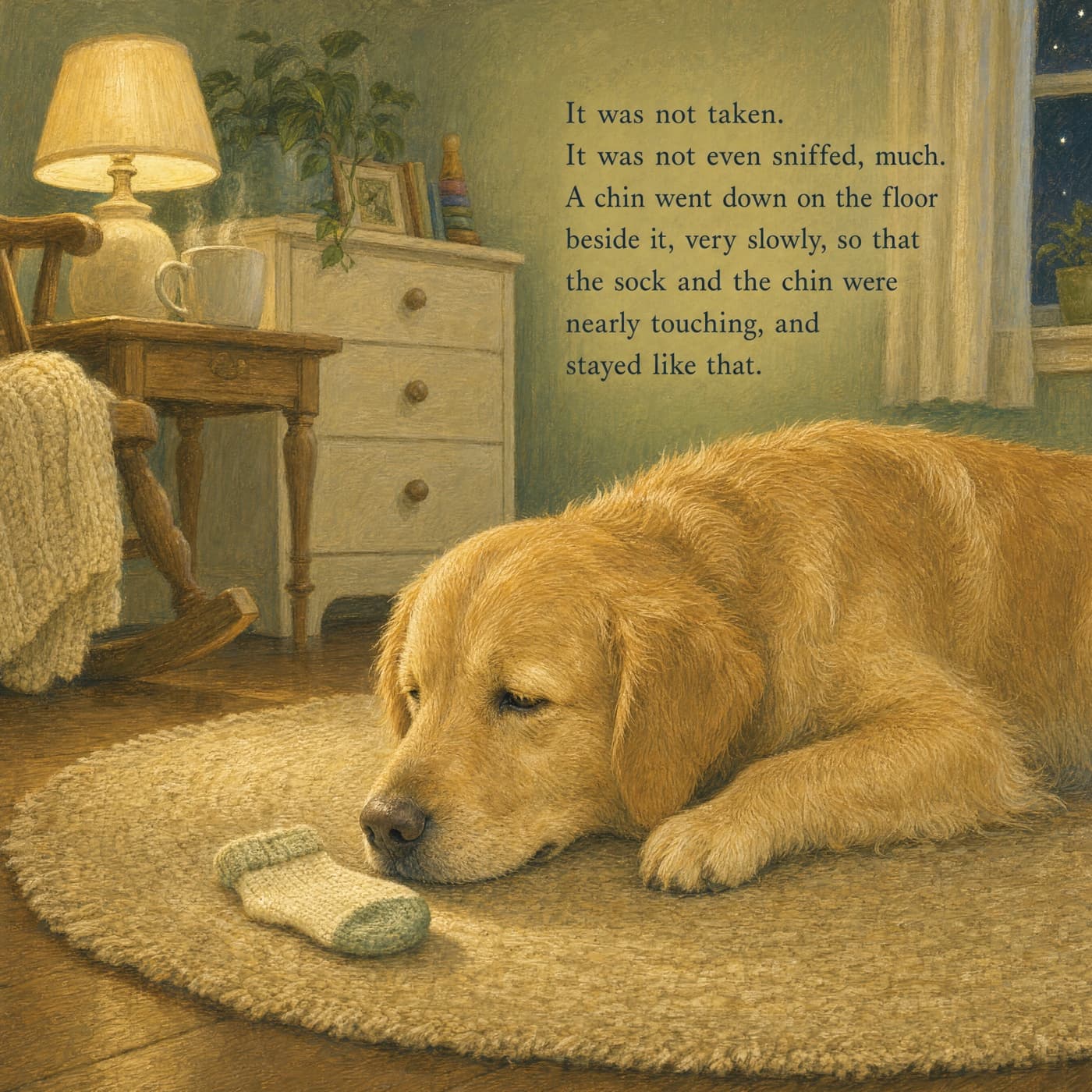 A painted page from the story: in low lamp light, adult golden retriever Lucy rests her chin on a round nursery rug with a tiny cream knitted sock right against her nose, eyes half closed, a rocking chair with a knitted blanket and a steaming mug on the side table behind her.