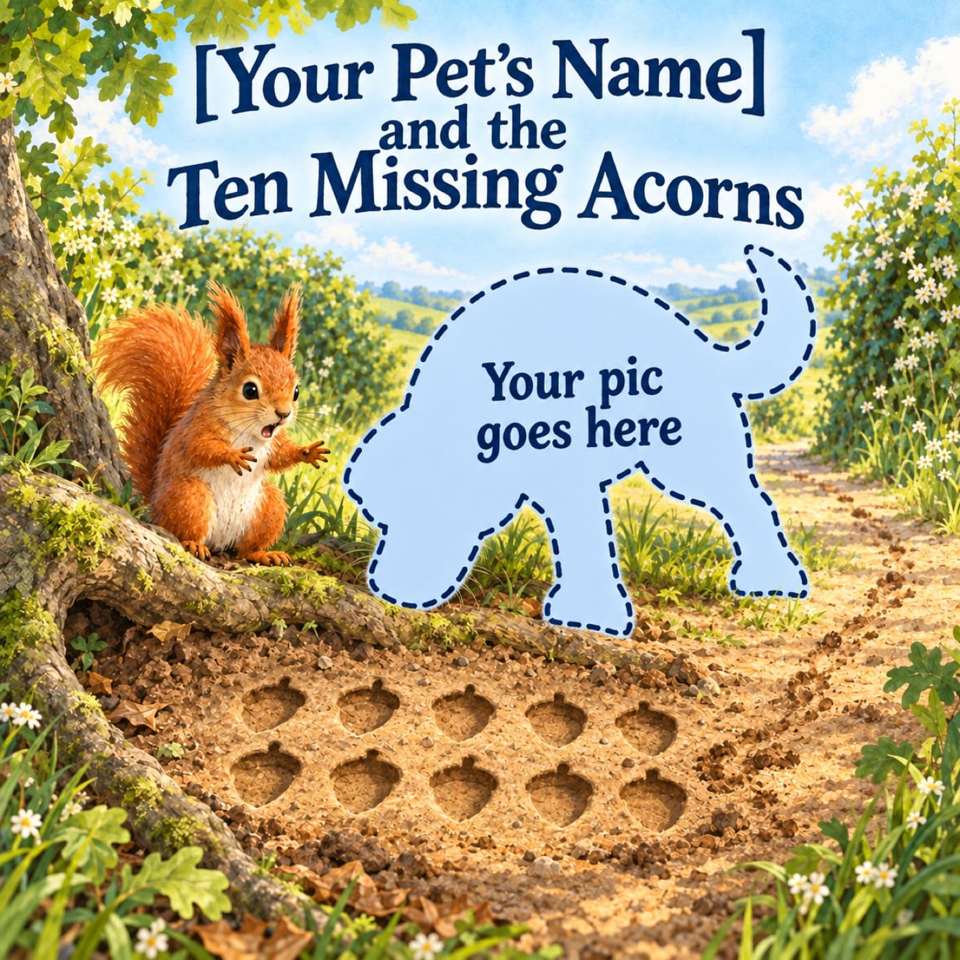 Personalize [Your Pet’s Name] and the Ten Missing Acorns: a pale-blue investigating pet silhouette with a dark navy dashed outline and the words “Your pic goes here” stands above ten empty acorn-shaped impressions beside an alarmed red squirrel.