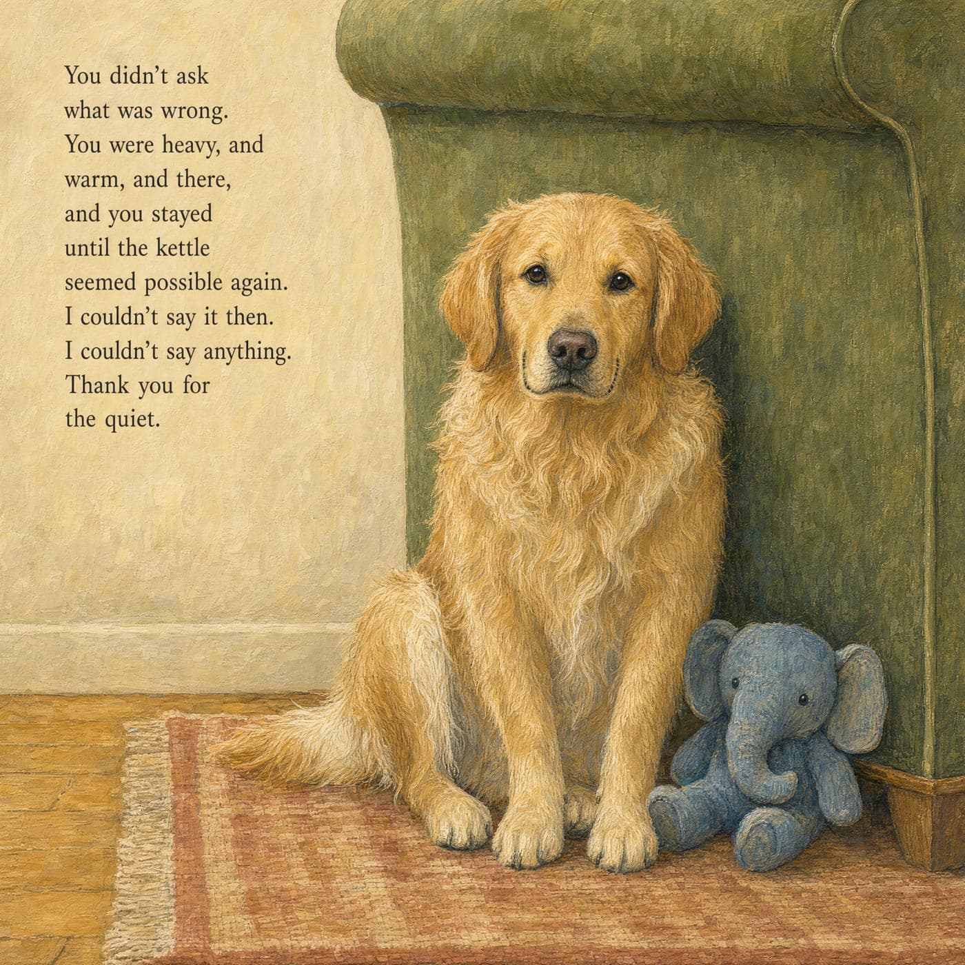 Lucy sits close against the tall green side of an armchair on a fringed brick-red rug, looking steadily at the reader with soft brown eyes. A soft blue toy elephant sits beside the chair’s front leg, and story text runs down the plain cream wall at the left.