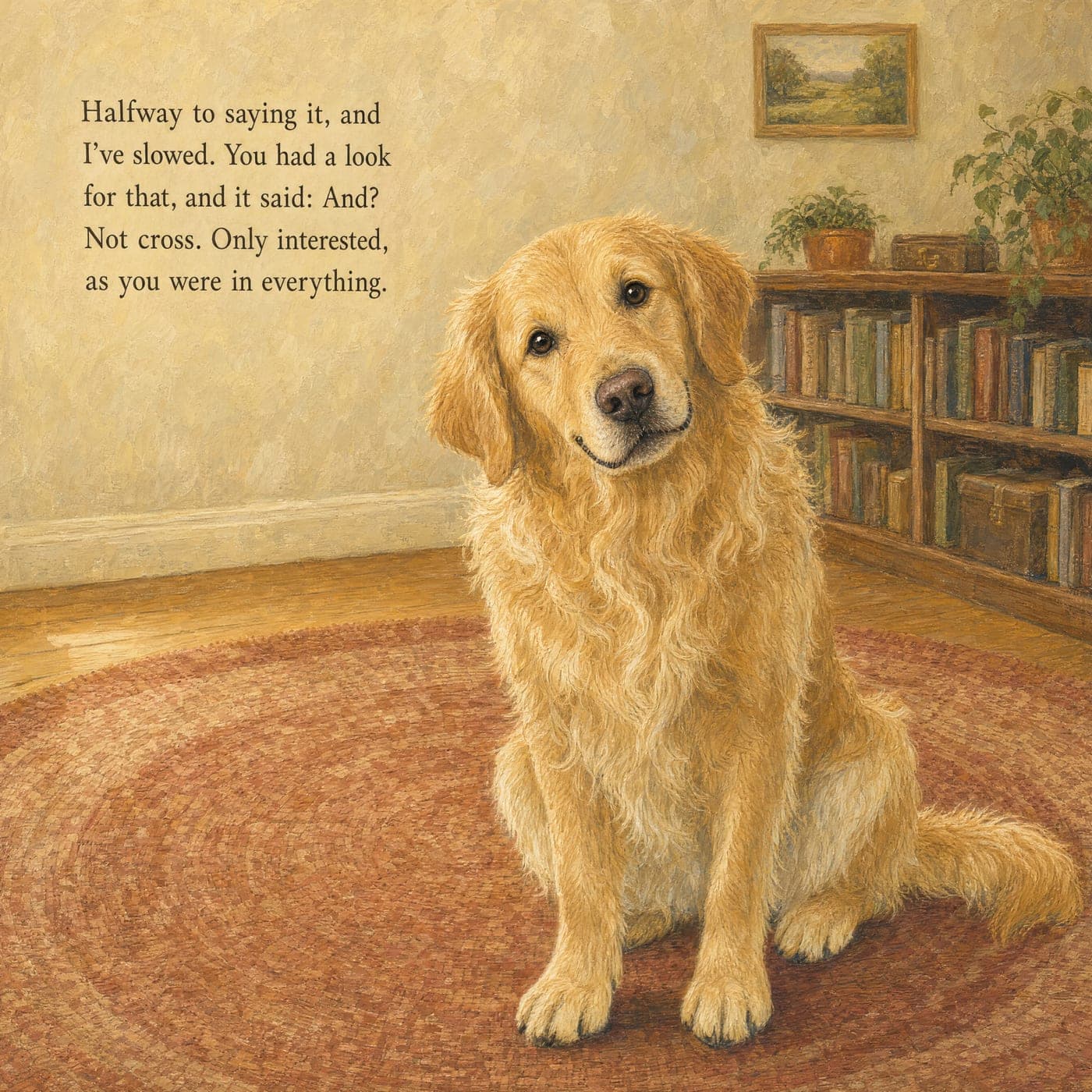 Lucy sits on a round brick-red rug in warm light, her head tilted, looking at the reader, her eyes bright and curious, with a small closed-mouth smile. A bookcase with plants on top stands behind her at the right, and story text sits on the cream wall at top left.