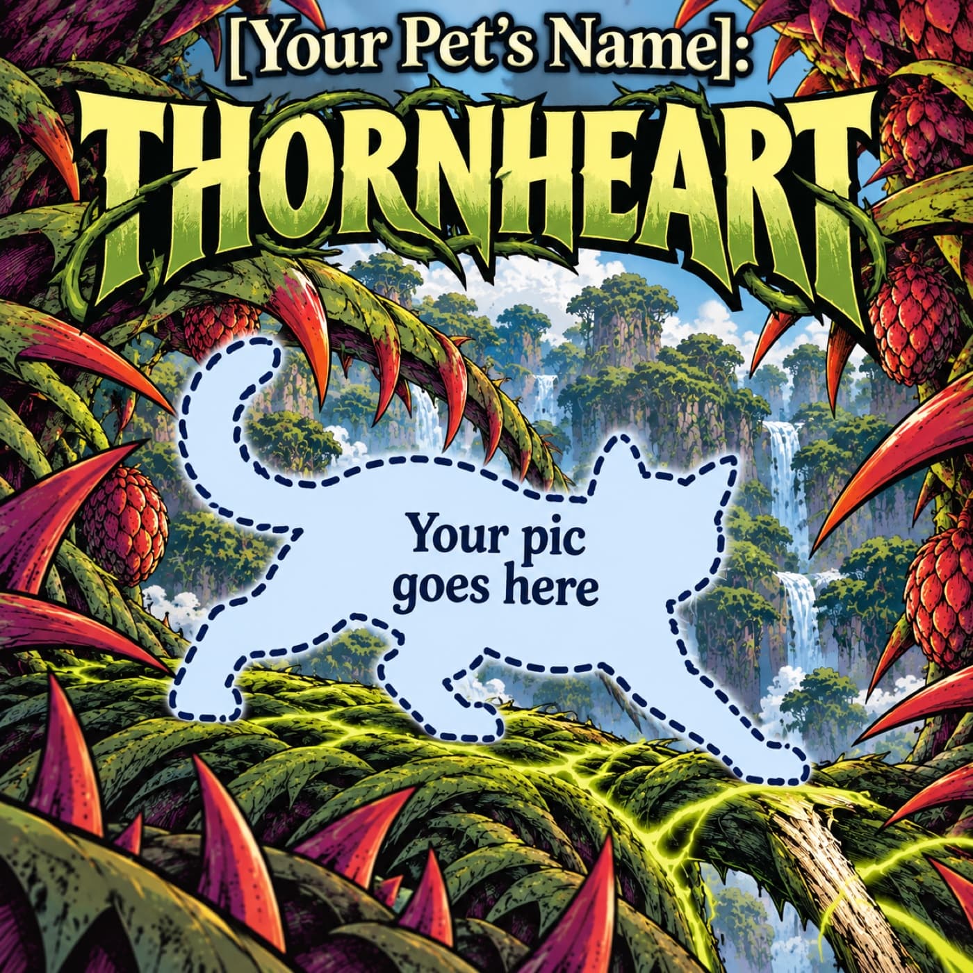 Example cover with a space for your pet, shown as a pale-blue cat-shaped placeholder on a green root bridge enclosed by huge curling vines with coral-red thorns.
