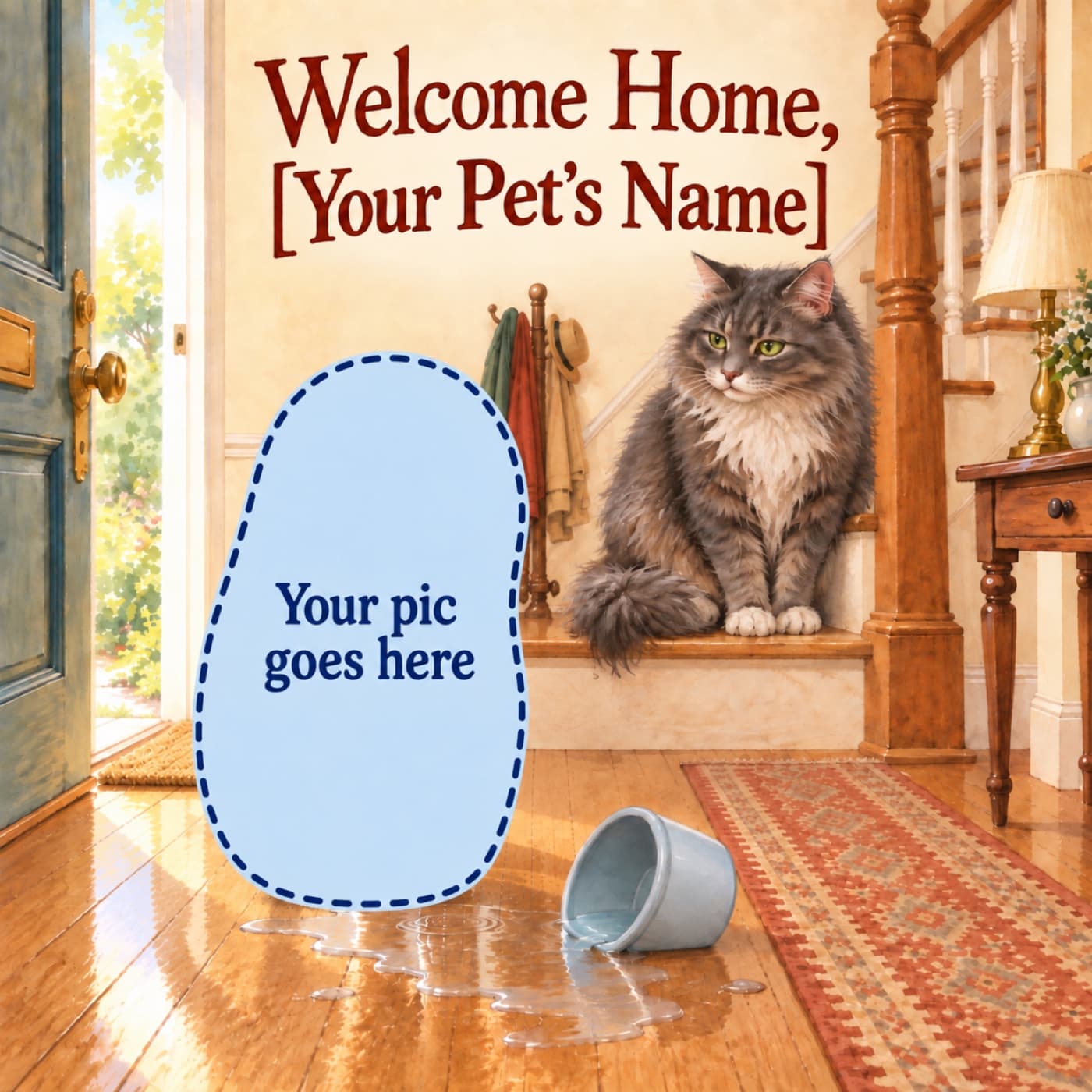Personalize Welcome Home, [Your Pet’s Name]: a tall abstract pale-blue photo placeholder with a dashed navy outline and the words “Your pic goes here” fills the lower-left foreground beside a tipped water bowl; elderly grey Pearl sits on the first stair.